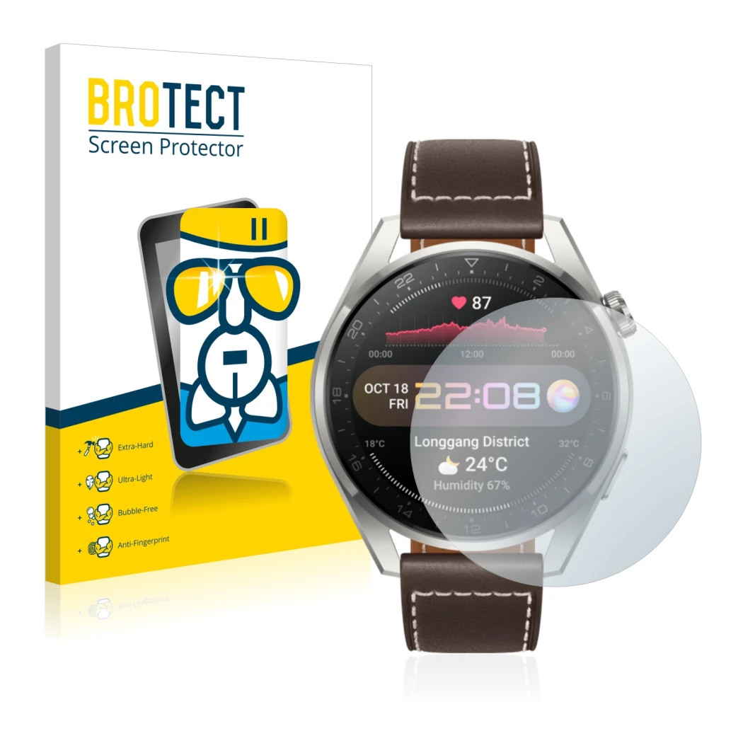 Face avant d’un emballage produit avec le logo de la marque BROTECT. À côté, l’appareil Huawei Watch 3 Pro est représenté avec