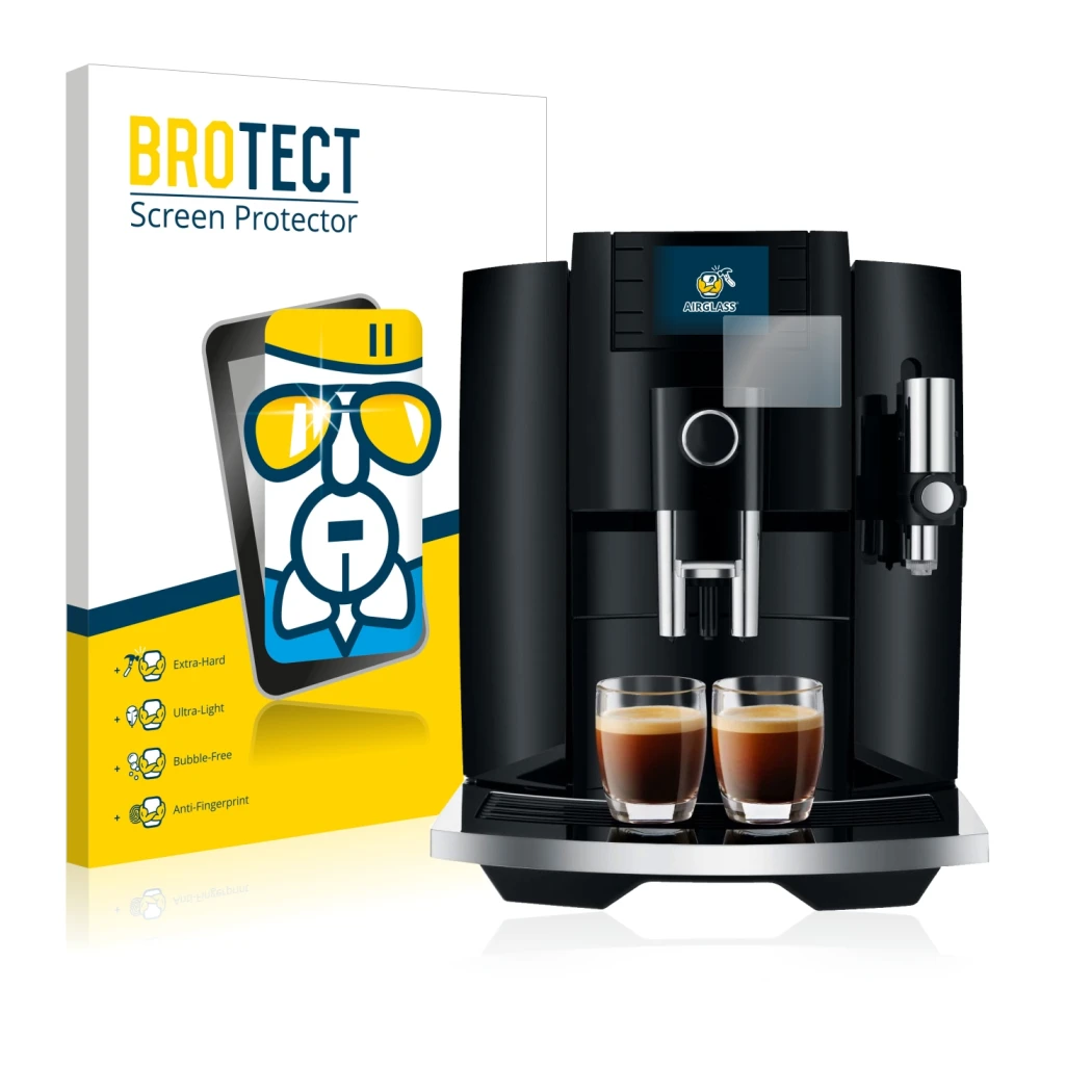 Face avant d’un emballage produit avec le logo de la marque BROTECT. À côté, l’appareil Jura E8 (EB) est représenté avec la pr