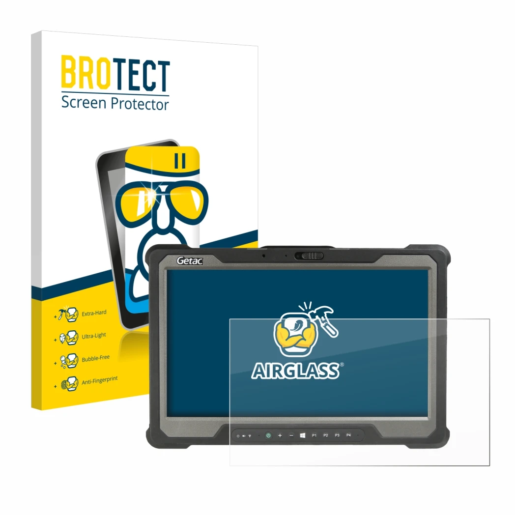 Face avant d’un emballage produit avec le logo de la marque BROTECT. À côté, l’appareil Getac A140 est représenté avec la prot