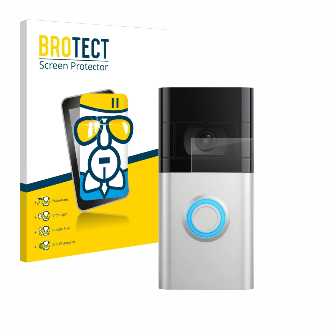 Face avant d’un emballage produit avec le logo de la marque BROTECT. À côté, l’appareil Ring Video Doorbell 4 est représenté a