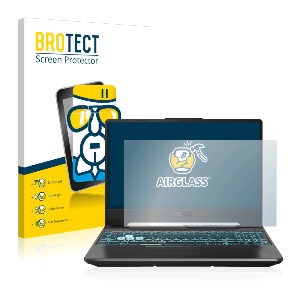 Face avant d’un emballage produit avec le logo de la marque BROTECT. À côté, l’appareil ASUS TUF Gaming A15 est représenté ave