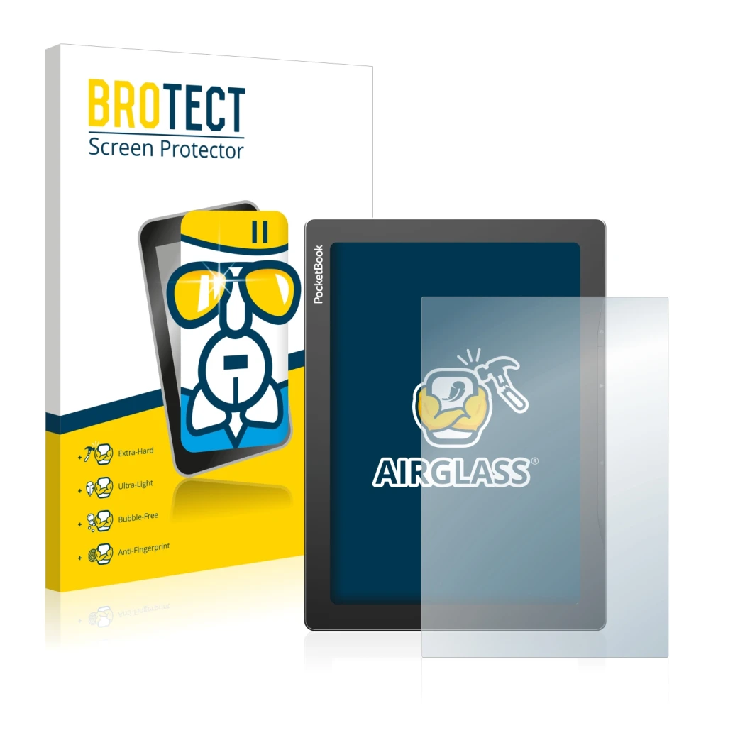 Face avant d’un emballage produit avec le logo de la marque BROTECT. À côté, l’appareil PocketBook InkPad Lite est représenté 