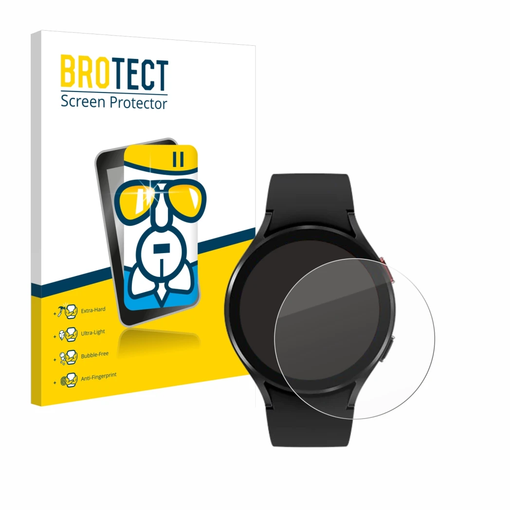 Face avant d’un emballage produit avec le logo de la marque BROTECT. À côté, l’appareil Samsung Galaxy Watch 4 (44mm) est repr