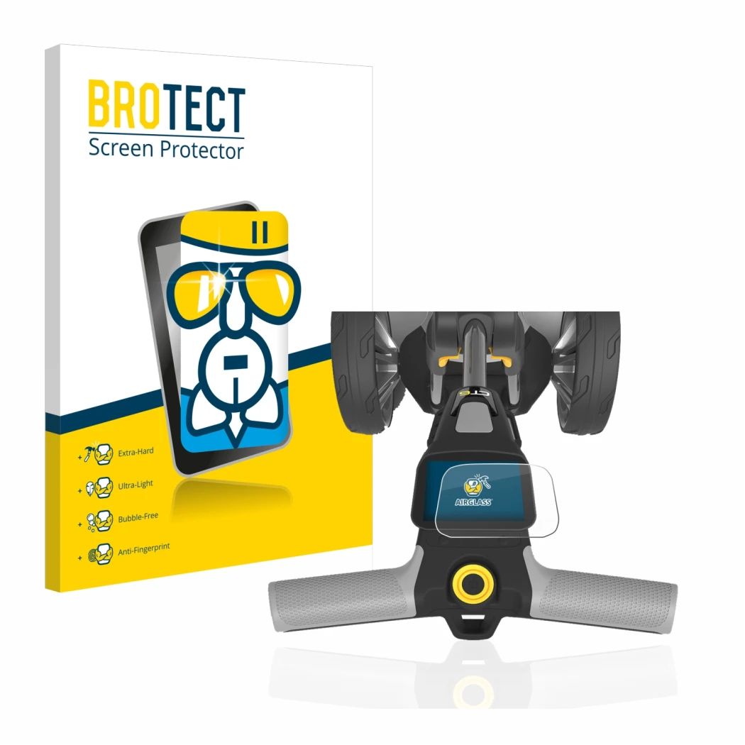 Face avant d’un emballage produit avec le logo de la marque BROTECT. À côté, l’appareil PowaKaddy CT6 est représenté avec la p
