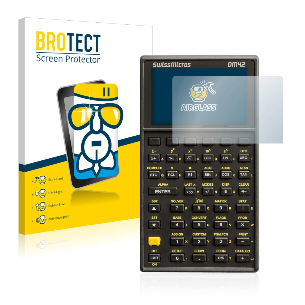 Face avant d’un emballage produit avec le logo de la marque BROTECT. À côté, l’appareil SwissMicros DM42 est représenté avec l