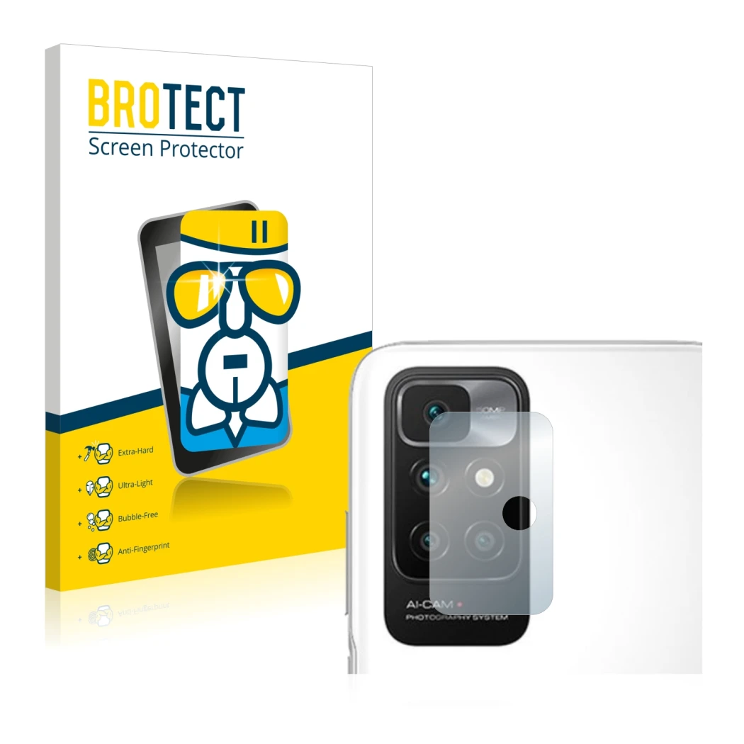 Face avant d’un emballage produit avec le logo de la marque BROTECT. À côté, l’appareil Xiaomi Redmi 10 (Caméra UNIQUEMENT) es