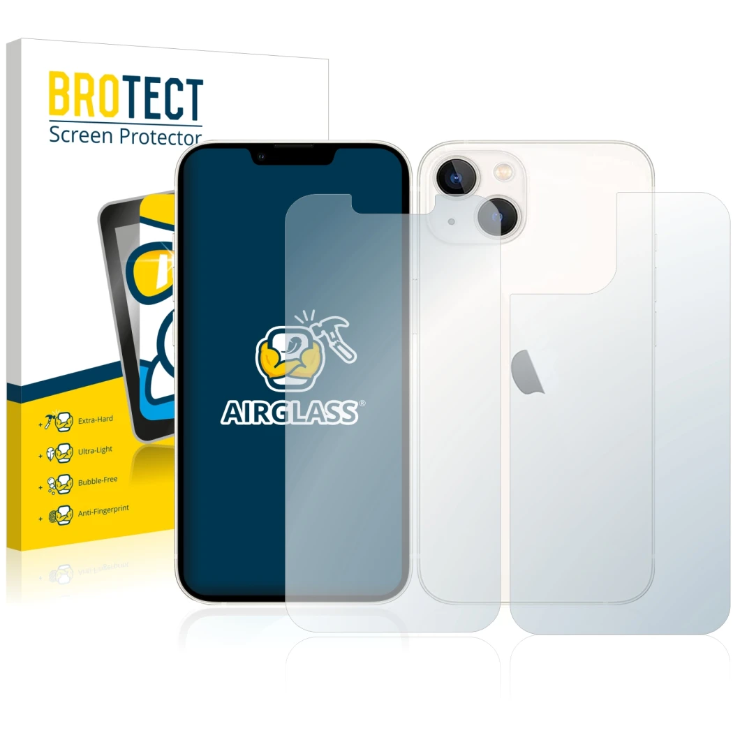 Face avant d’un emballage produit avec le logo de la marque BROTECT. À côté, l’appareil Apple iPhone 13 (Avant+Arrière) est re