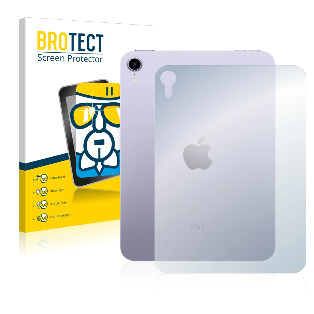 Face avant d’un emballage produit avec le logo de la marque BROTECT. À côté, l’appareil Apple iPad Mini 6 2021 (6ème Gen., Arr