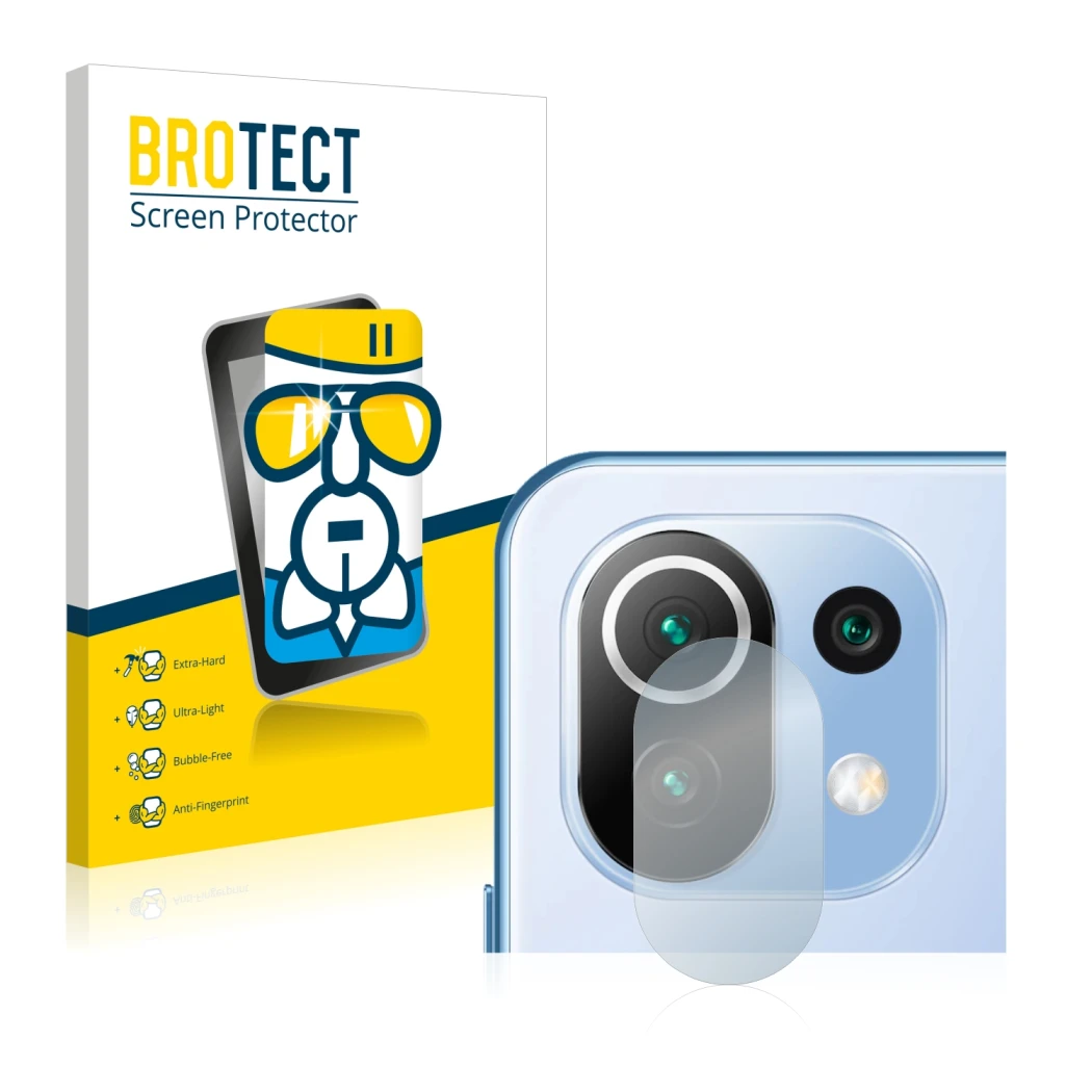 Face avant d’un emballage produit avec le logo de la marque BROTECT. À côté, l’appareil Xiaomi 11 Lite 5G NE (Caméra UNIQUEMEN
