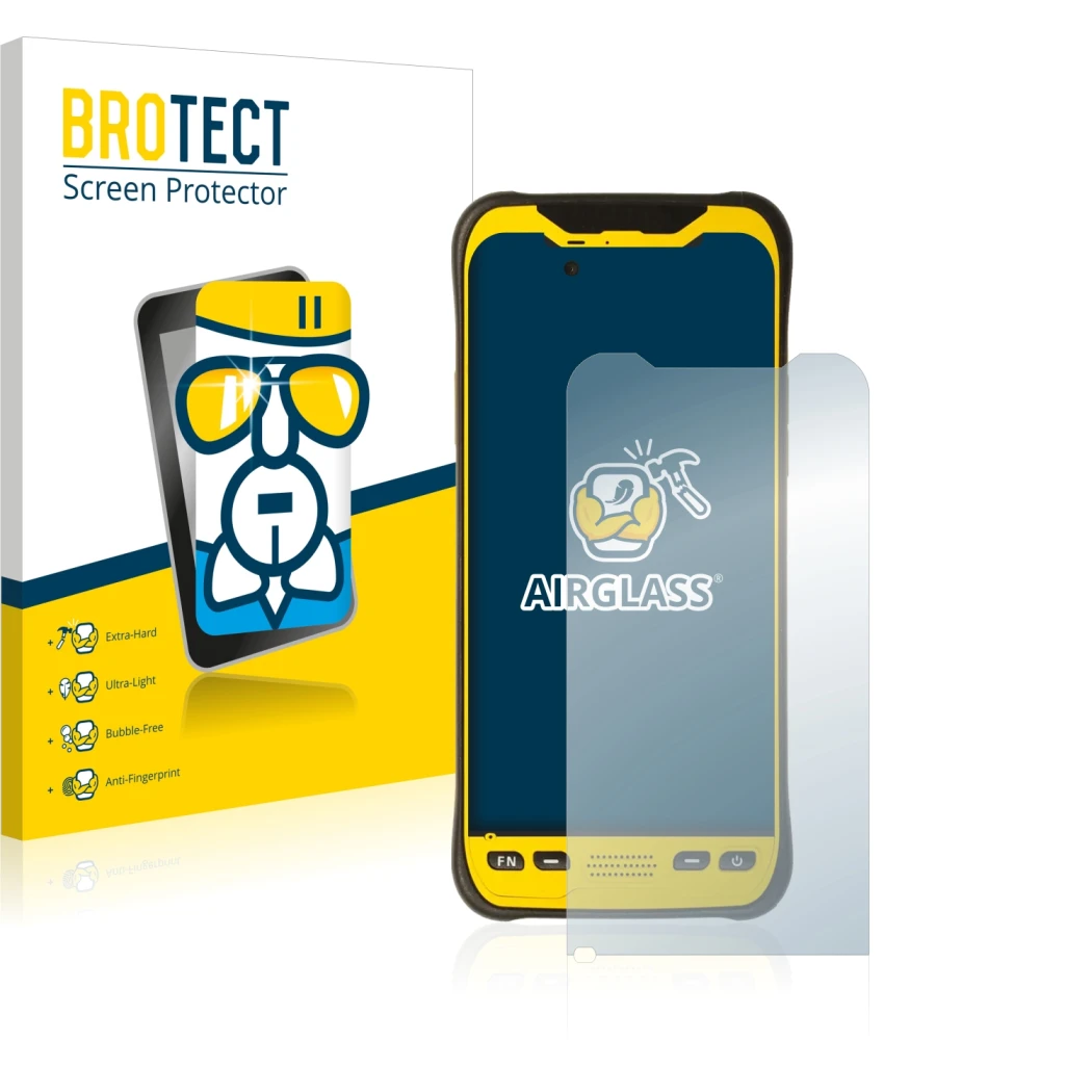Face avant d’un emballage produit avec le logo de la marque BROTECT. À côté, l’appareil Trimble TDC600 est représenté avec la