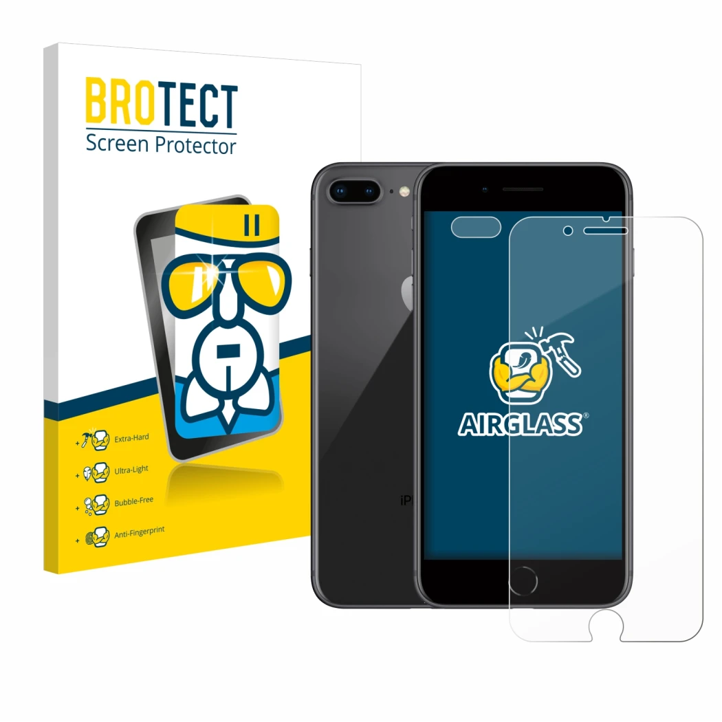 Face avant d’un emballage produit avec le logo de la marque BROTECT. À côté, l’appareil Apple iPhone 8 Plus (Avant+Caméra) est