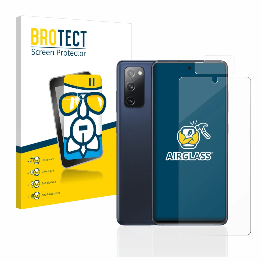 Face avant d’un emballage produit avec le logo de la marque BROTECT. À côté, l’appareil Samsung Galaxy S20 FE (Avant+Caméra) e
