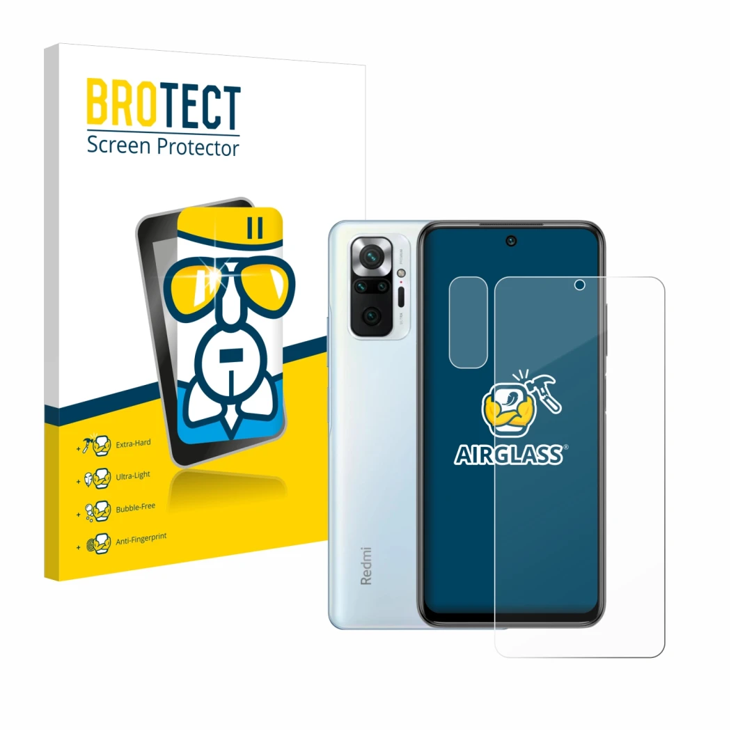 Face avant d’un emballage produit avec le logo de la marque BROTECT. À côté, l’appareil Xiaomi Redmi Note 10 Pro (Avant+Caméra