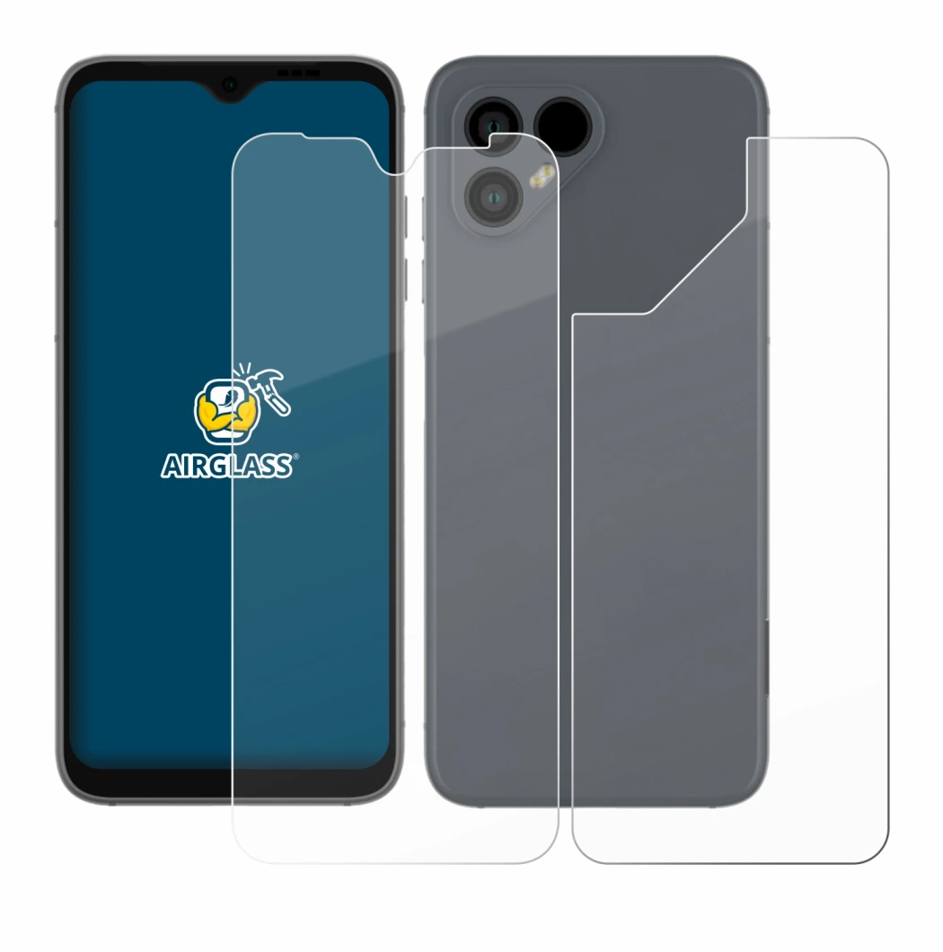 Image de l'appareil Fairphone 4 (Avant+Arrière) avec une grande variété de protections d'écran.