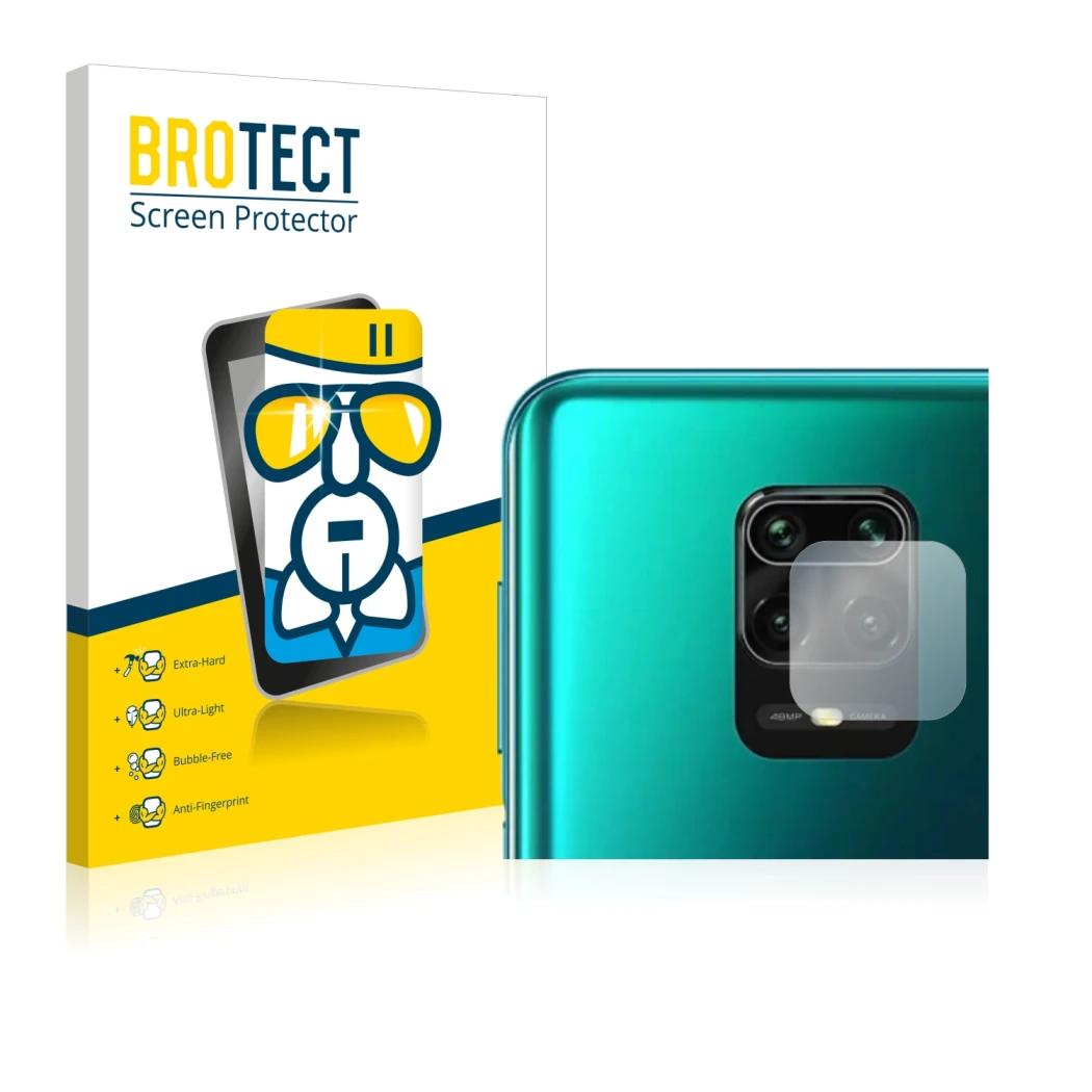 Face avant d’un emballage produit avec le logo de la marque BROTECT. À côté, l’appareil Xiaomi Redmi Note 10 Lite (Caméra UNIQ