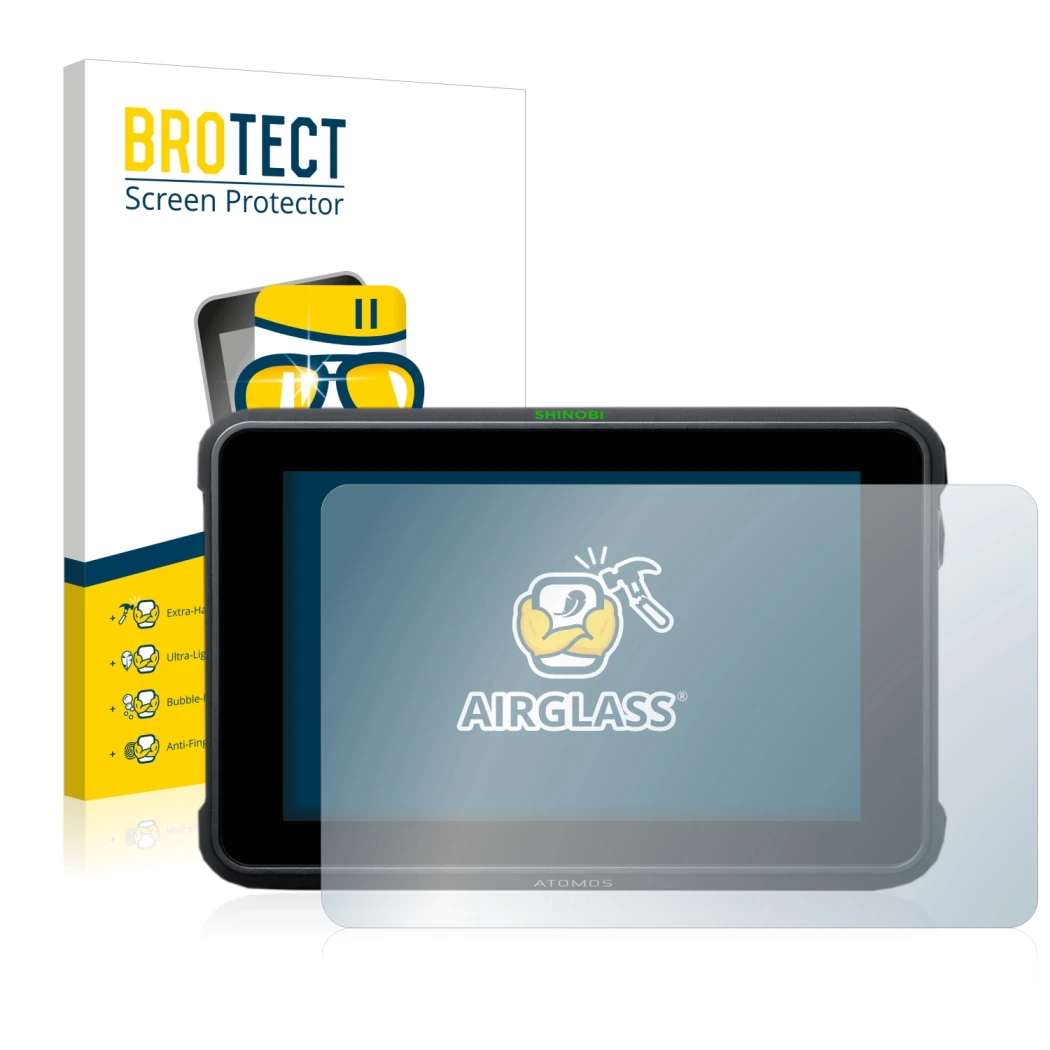 Face avant d’un emballage produit avec le logo de la marque BROTECT. À côté, l’appareil Atomos Shinobi 7 est représenté avec l