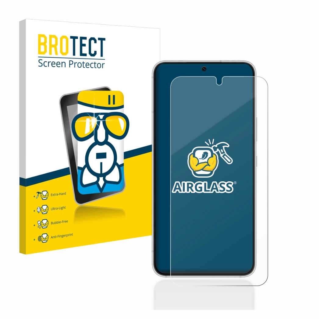 Face avant d’un emballage produit avec le logo de la marque BROTECT. À côté, l’appareil Samsung Galaxy S22 5G est représenté a