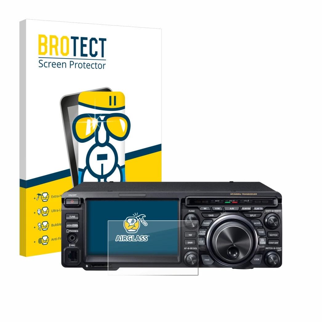 Face avant d’un emballage produit avec le logo de la marque BROTECT. À côté, l’appareil Yaesu FT-DX10 est représenté avec la p
