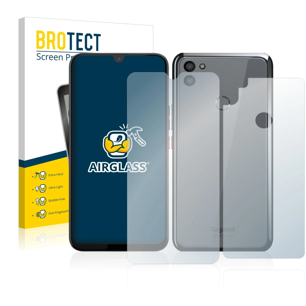 Face avant d’un emballage produit avec le logo de la marque BROTECT. À côté, l’appareil Gigaset GS5 (Avant+Arrière) est représ