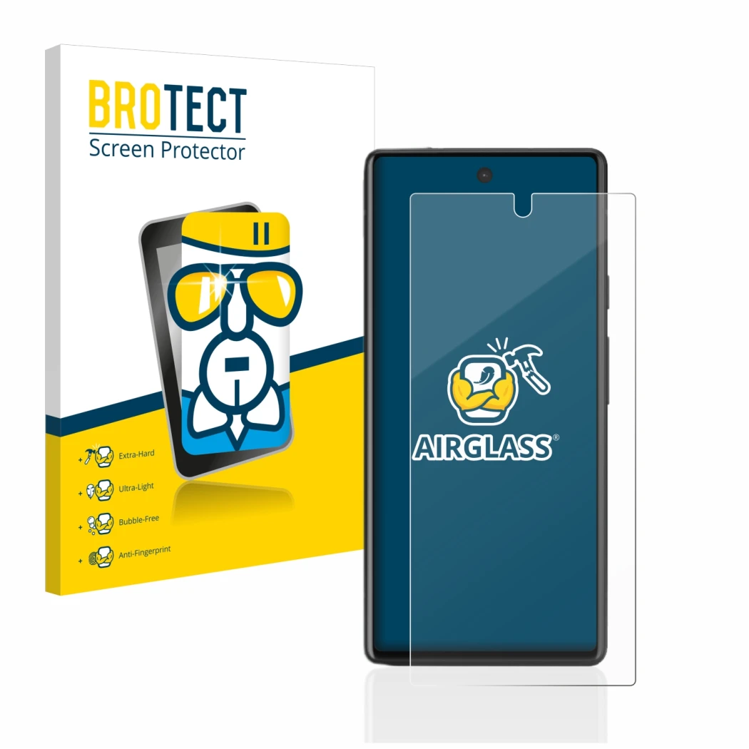 Face avant d’un emballage produit avec le logo de la marque BROTECT. À côté, l’appareil Google Pixel 6a est représenté avec la