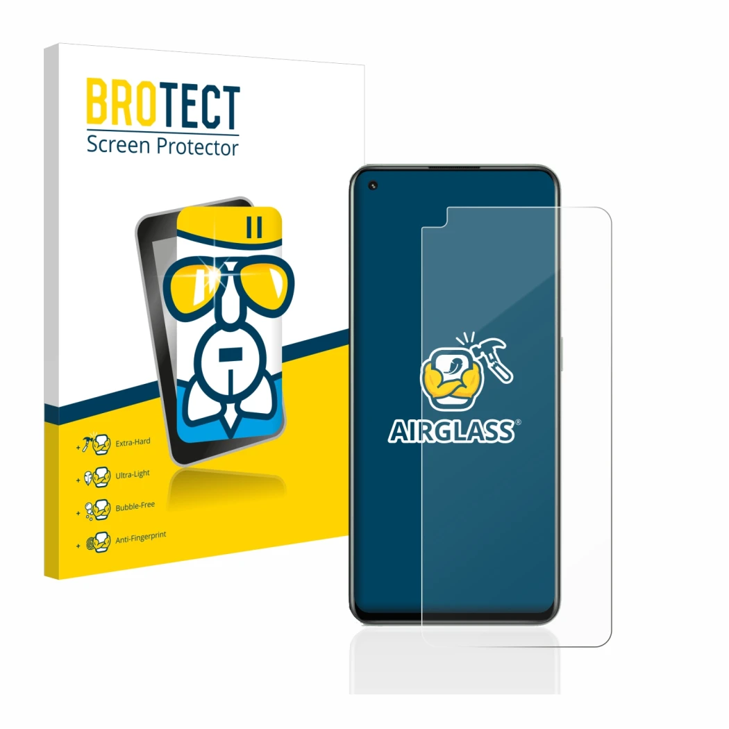 Face avant d’un emballage produit avec le logo de la marque BROTECT. À côté, l’appareil realme GT 2 Pro est représenté avec la