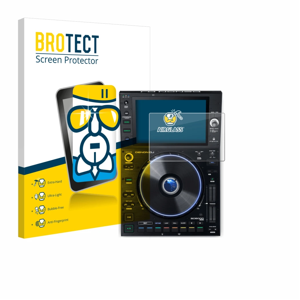 Face avant d’un emballage produit avec le logo de la marque BROTECT. À côté, l’appareil Denon DJ SC6000 Prime est représenté a