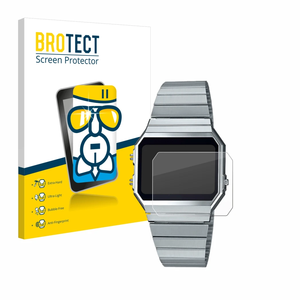 Face avant d’un emballage produit avec le logo de la marque BROTECT. À côté, l’appareil Casio A700WE est représenté avec la pr