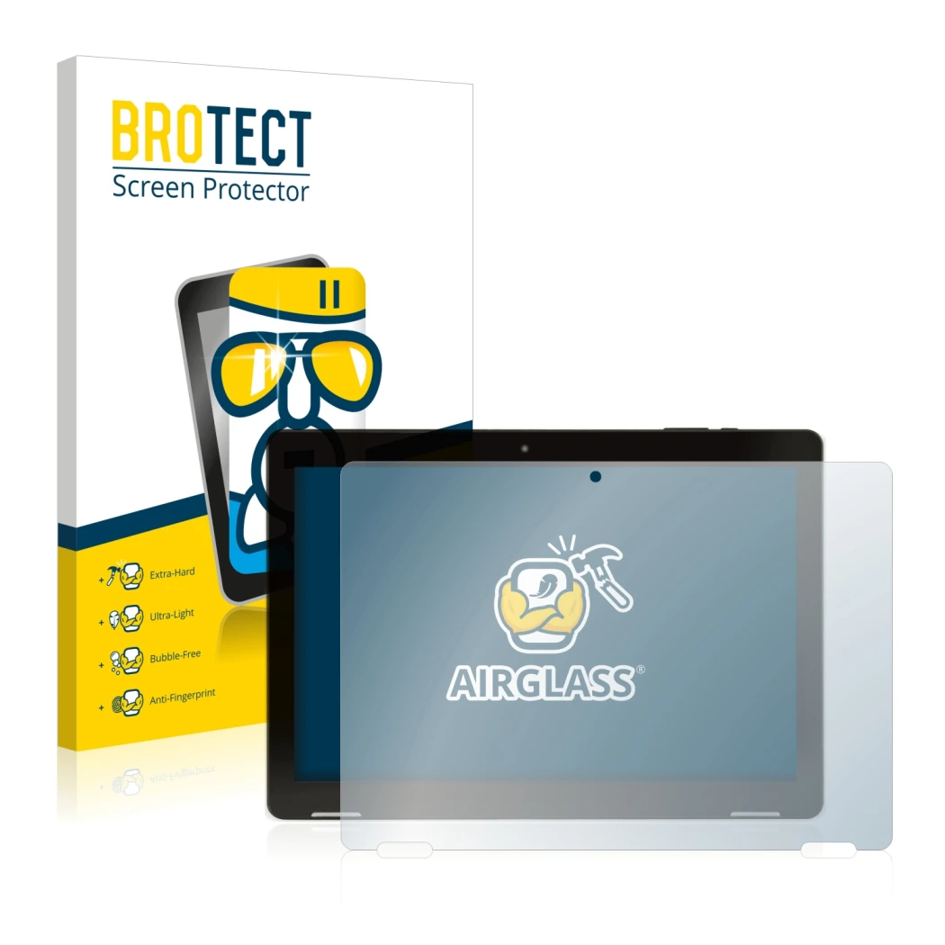 Face avant d’un emballage produit avec le logo de la marque BROTECT. À côté, l’appareil Hannspree Pad Apollo 2 est représenté