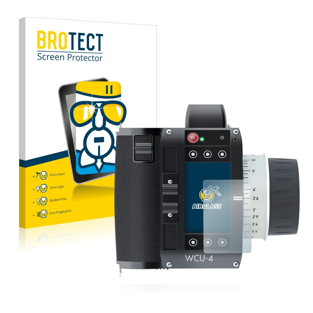 Face avant d’un emballage produit avec le logo de la marque BROTECT. À côté, l’appareil Arri WCU-4 est représenté avec la prot