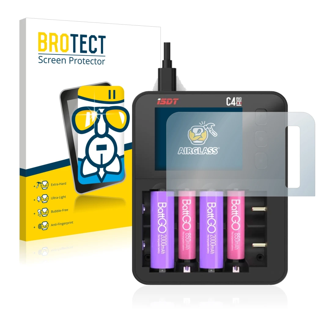 Face avant d’un emballage produit avec le logo de la marque BROTECT. À côté, l’appareil ISDT C4 Evo est représenté avec la pro