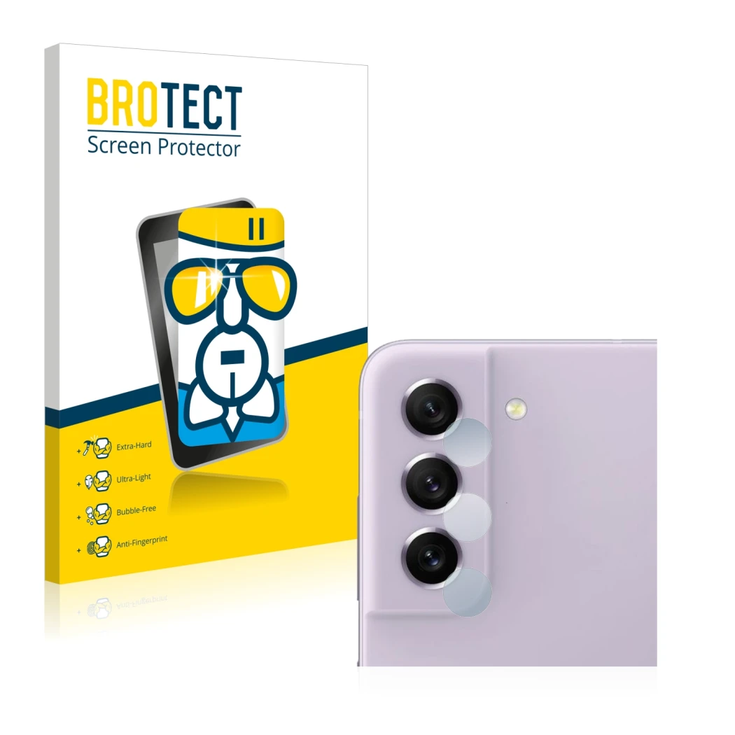 Face avant d’un emballage produit avec le logo de la marque BROTECT. À côté, l’appareil Samsung Galaxy S21 FE 5G (Caméra UNIQU