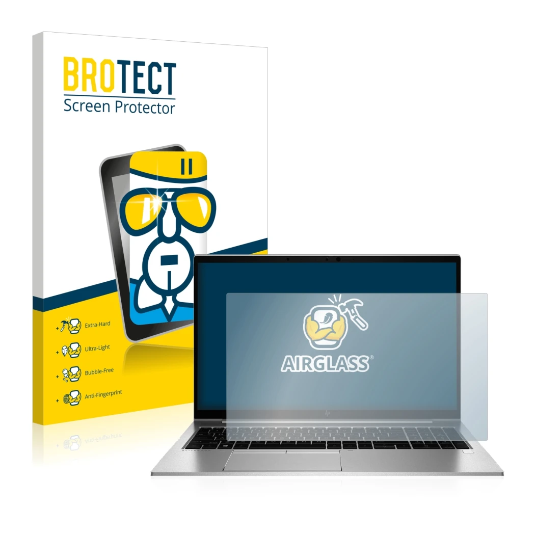 Face avant d’un emballage produit avec le logo de la marque BROTECT. À côté, l’appareil HP EliteBook 855 G7 Non-Touch est repr