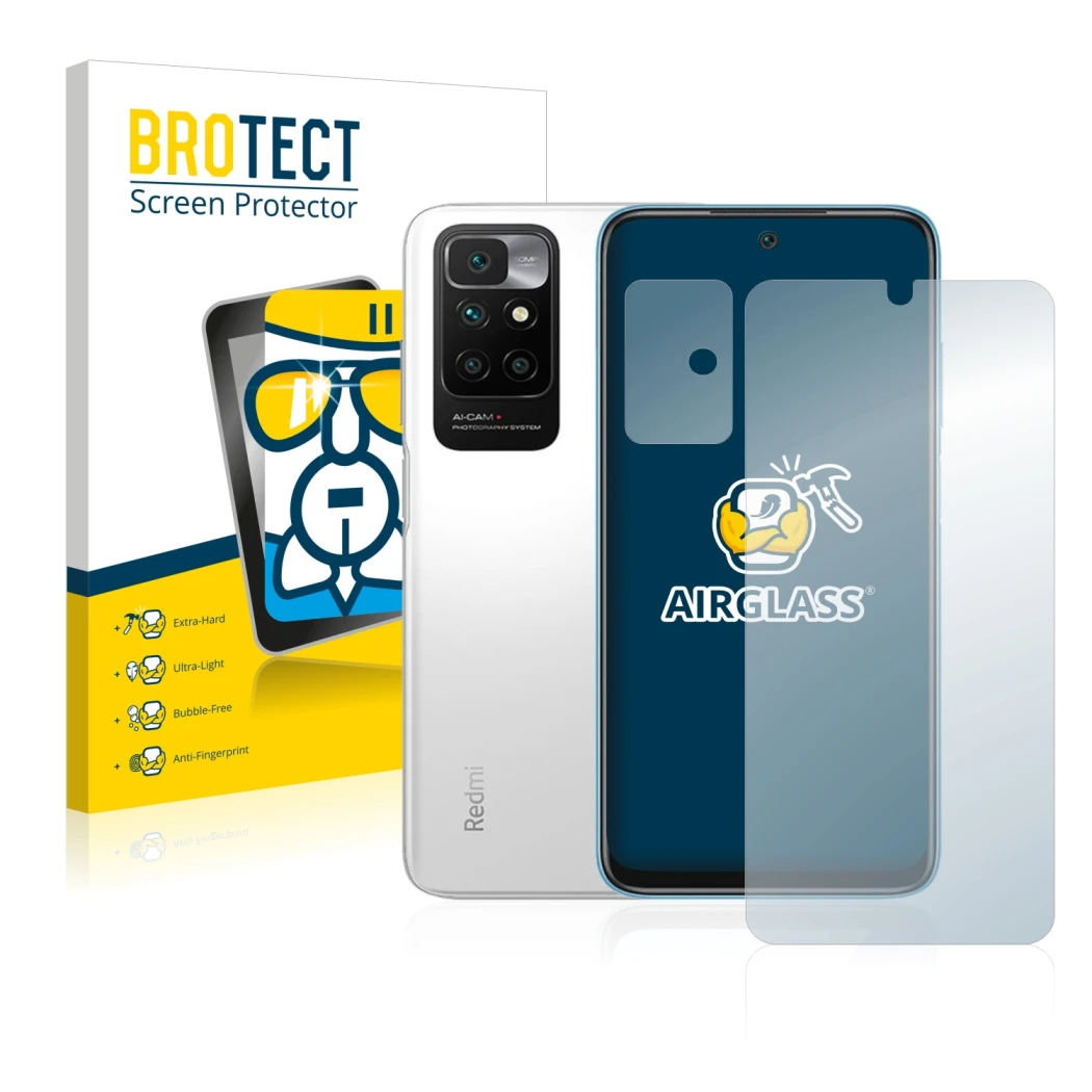 Face avant d’un emballage produit avec le logo de la marque BROTECT. À côté, l’appareil Xiaomi Redmi 10 (Avant+Caméra) est rep