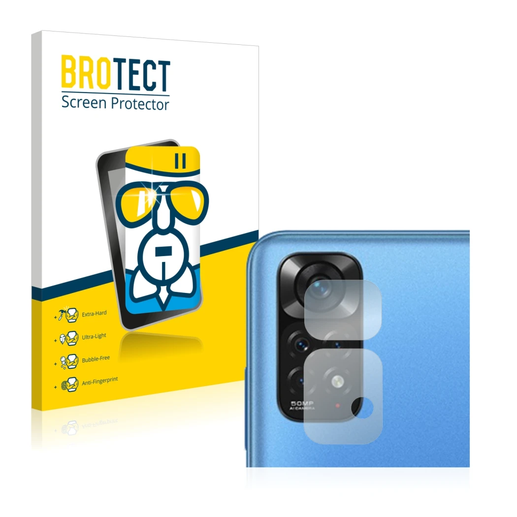Face avant d’un emballage produit avec le logo de la marque BROTECT. À côté, l’appareil Xiaomi Redmi Note 11 (Caméra UNIQUEMEN