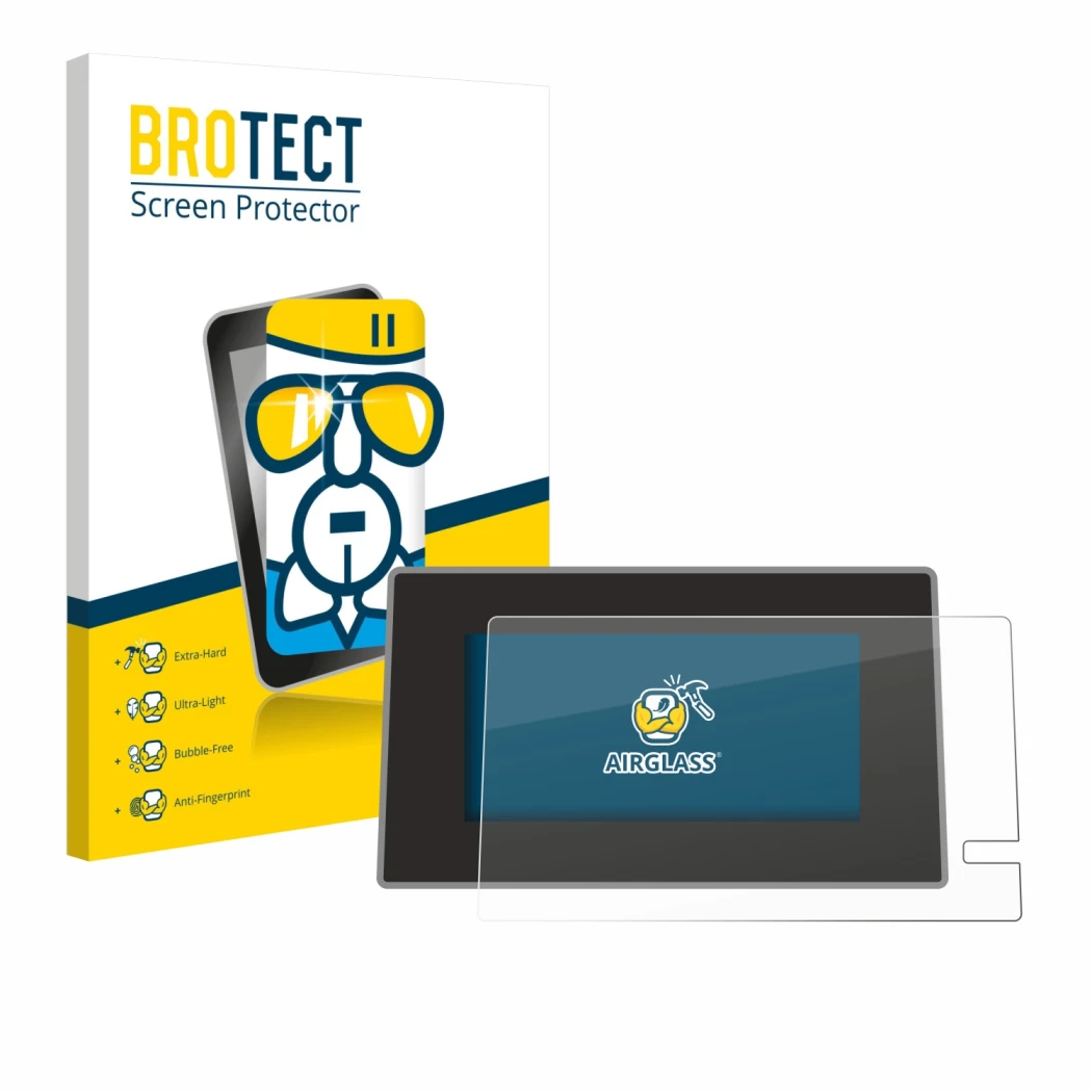 Face avant d’un emballage produit avec le logo de la marque BROTECT. À côté, l’appareil Renault Trafic 2021 Easy Link 8