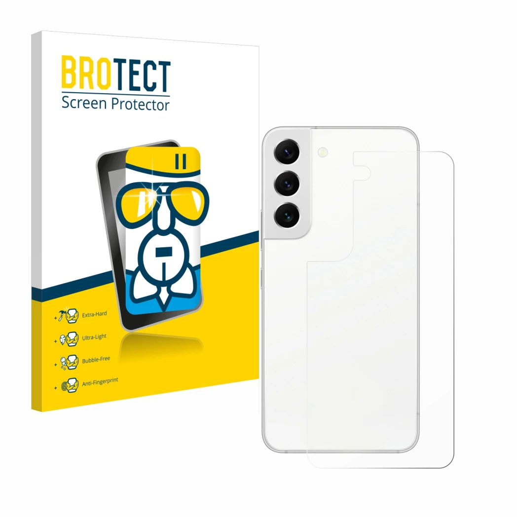 Face avant d’un emballage produit avec le logo de la marque BROTECT. À côté, l’appareil Samsung Galaxy S22 5G (Arrière) est re