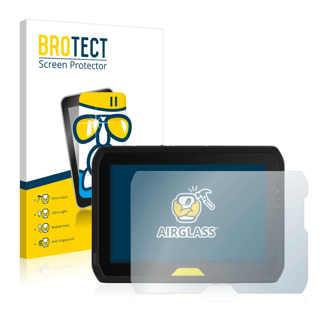 Face avant d’un emballage produit avec le logo de la marque BROTECT. À côté, l’appareil Trimble T100 est représenté avec la pr