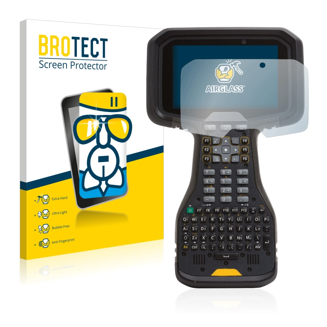 Face avant d’un emballage produit avec le logo de la marque BROTECT. À côté, l’appareil Trimble TSC5 est représenté avec la pr