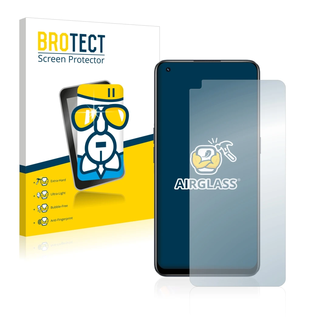 Face avant d’un emballage produit avec le logo de la marque BROTECT. À côté, l’appareil realme 9 Pro Plus est représenté avec