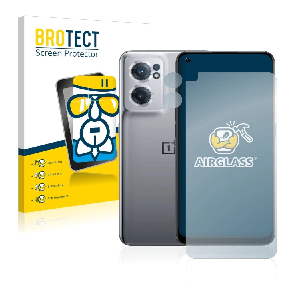 Face avant d’un emballage produit avec le logo de la marque BROTECT. À côté, l’appareil OnePlus Nord CE 2 5G (Avant+Caméra) es