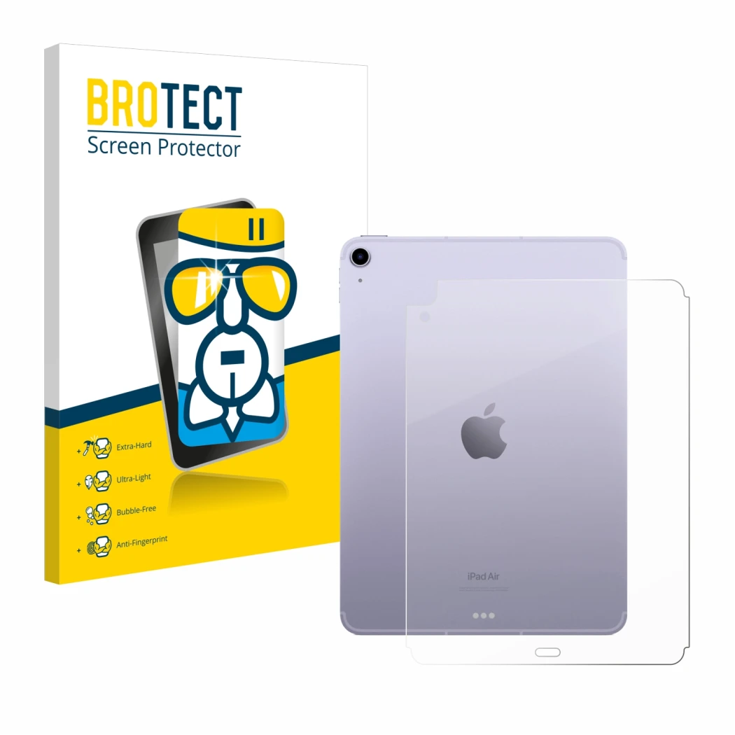 Face avant d’un emballage produit avec le logo de la marque BROTECT. À côté, l’appareil Apple iPad Air 5 WiFi 2022 (Arrière, 5