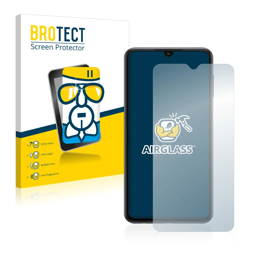 Face avant d’un emballage produit avec le logo de la marque BROTECT. À côté, l’appareil Samsung Galaxy A23 est représenté avec