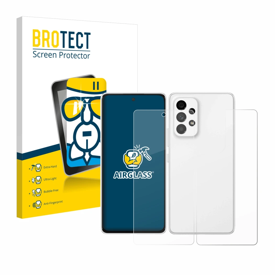 Face avant d’un emballage produit avec le logo de la marque BROTECT. À côté, l’appareil Samsung Galaxy A53 5G (Avant+Arrière) 
