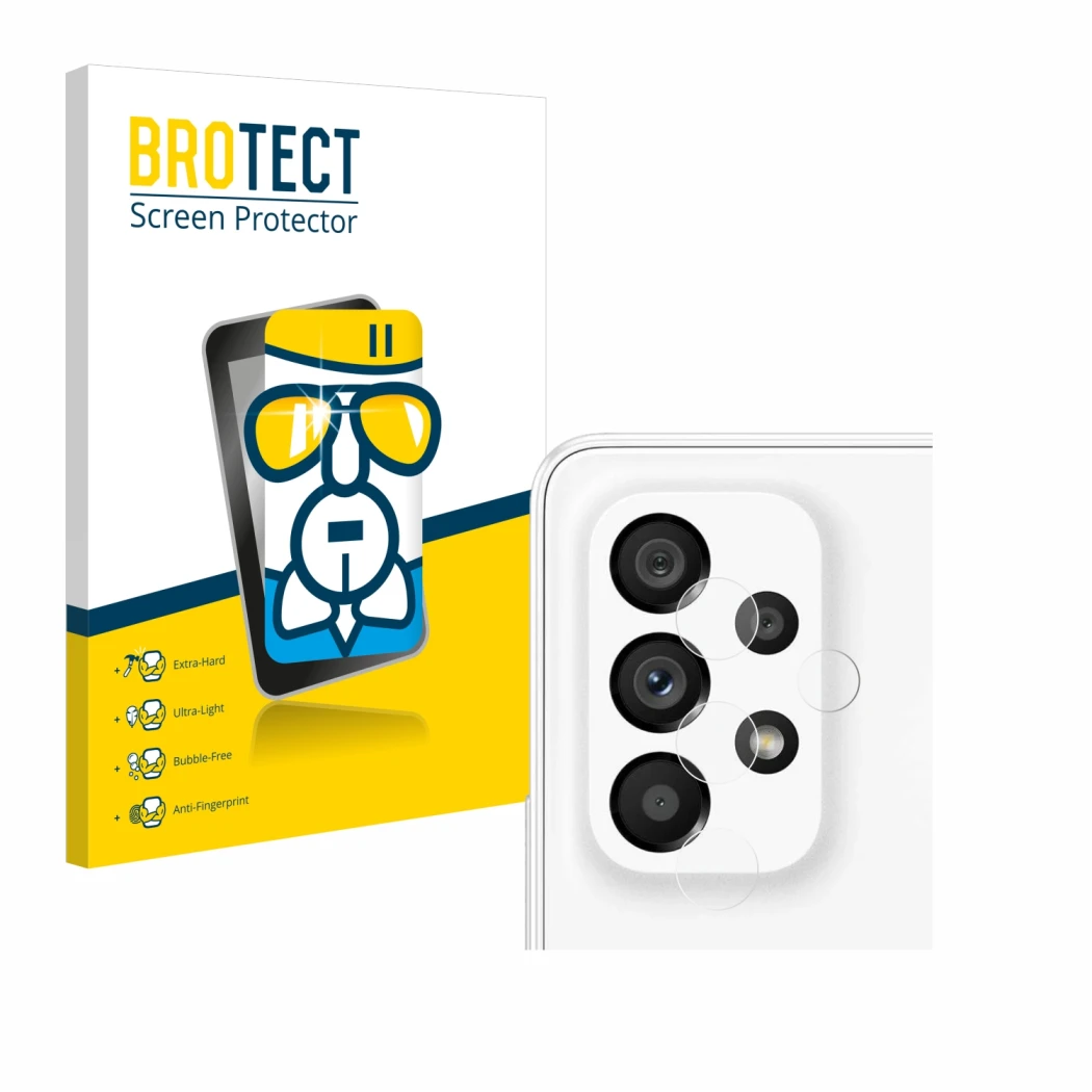 Face avant d’un emballage produit avec le logo de la marque BROTECT. À côté, l’appareil Samsung Galaxy A53 5G (Caméra UNIQUEME