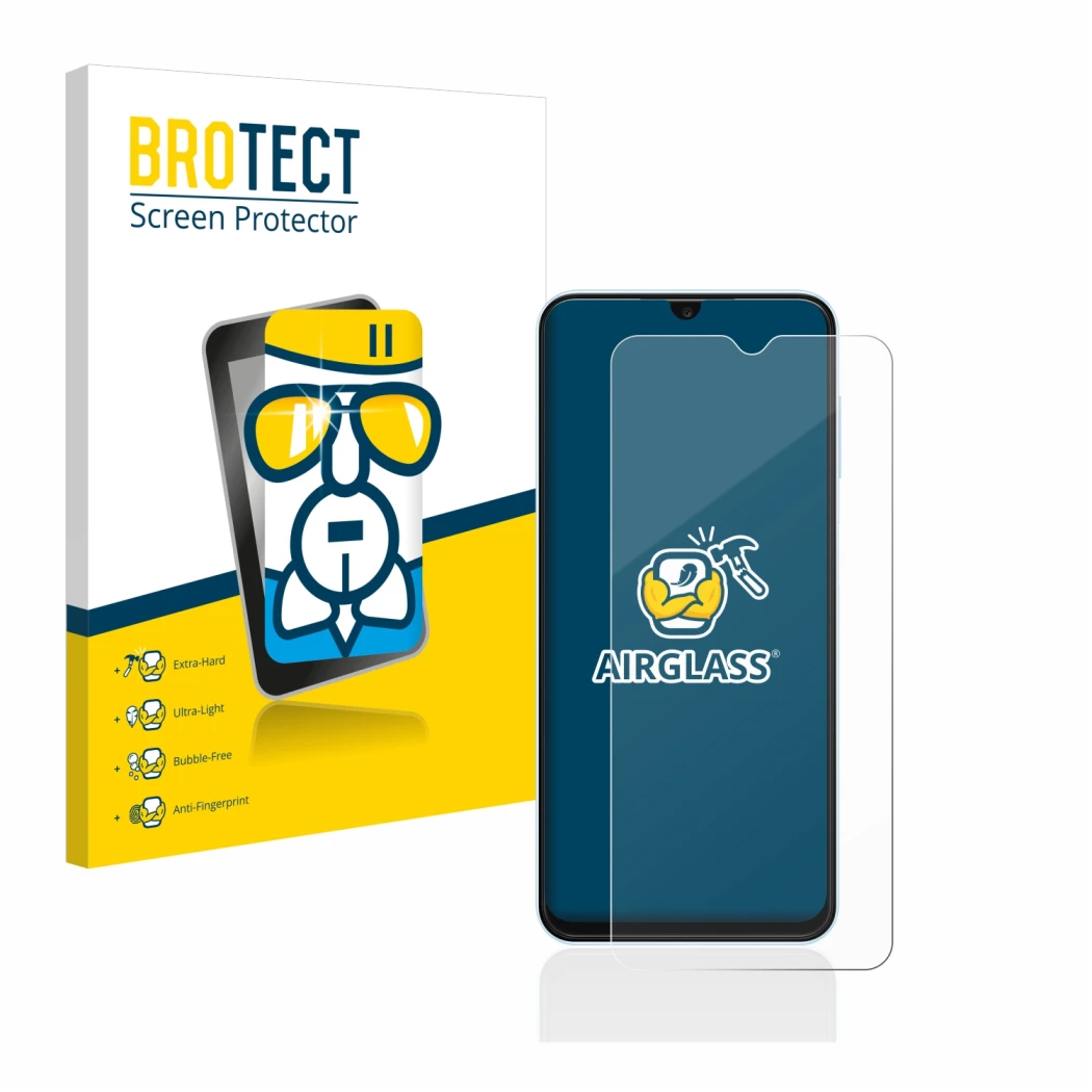 Face avant d’un emballage produit avec le logo de la marque BROTECT. À côté, l’appareil Samsung Galaxy A13 est représenté avec