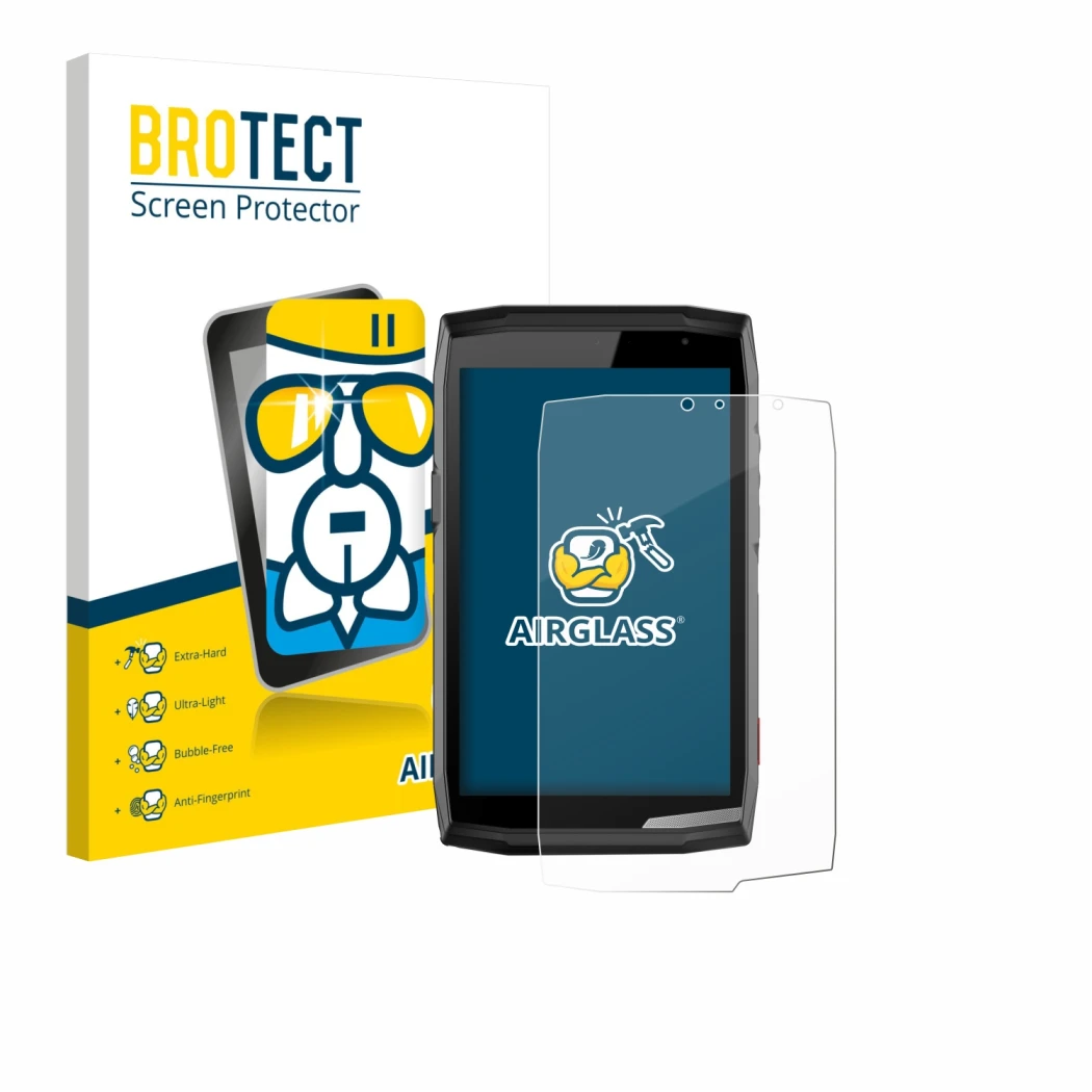 Face avant d’un emballage produit avec le logo de la marque BROTECT. À côté, l’appareil Crosscall Core T5 est représenté avec 