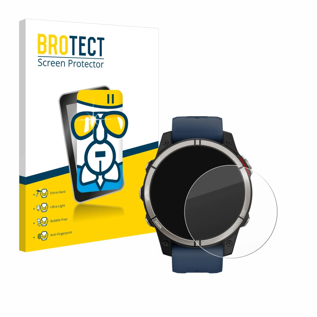 Face avant d’un emballage produit avec le logo de la marque BROTECT. À côté, l’appareil Garmin quatix 7 est représenté avec la