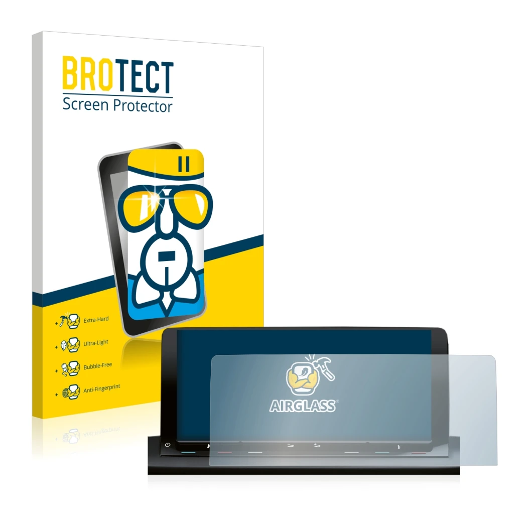 Face avant d’un emballage produit avec le logo de la marque BROTECT. À côté, l’appareil Volkswagen Caddy 5 Discover Media 10