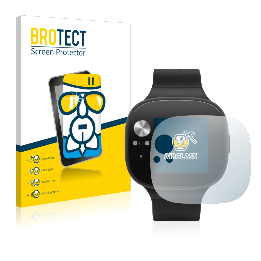 Face avant d’un emballage produit avec le logo de la marque BROTECT. À côté, l’appareil ASUS Vivowatch BP est représenté avec 