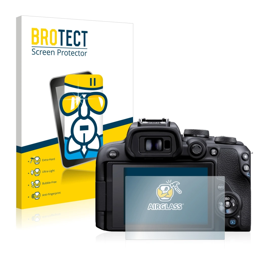 Face avant d’un emballage produit avec le logo de la marque BROTECT. À côté, l’appareil Canon EOS R10 est représenté avec la p
